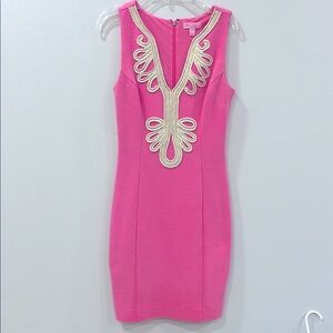 Lilly Pulitzer XS JANICE Pink Sleeveless Dress GOLD Embroidered Detail